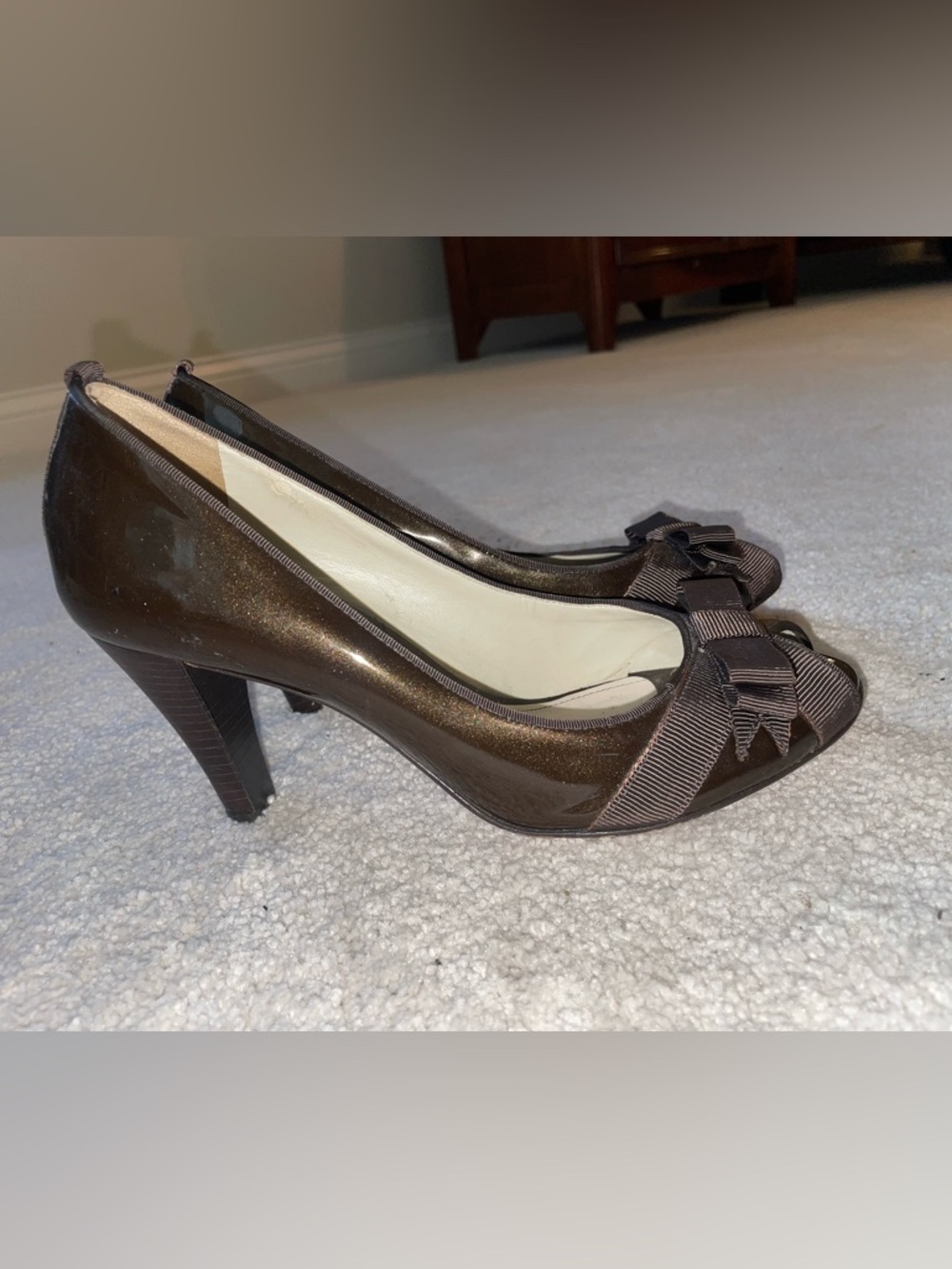 ANTONIO MELANI Brown Patent Peep-Toe Heels with Bow Accent
